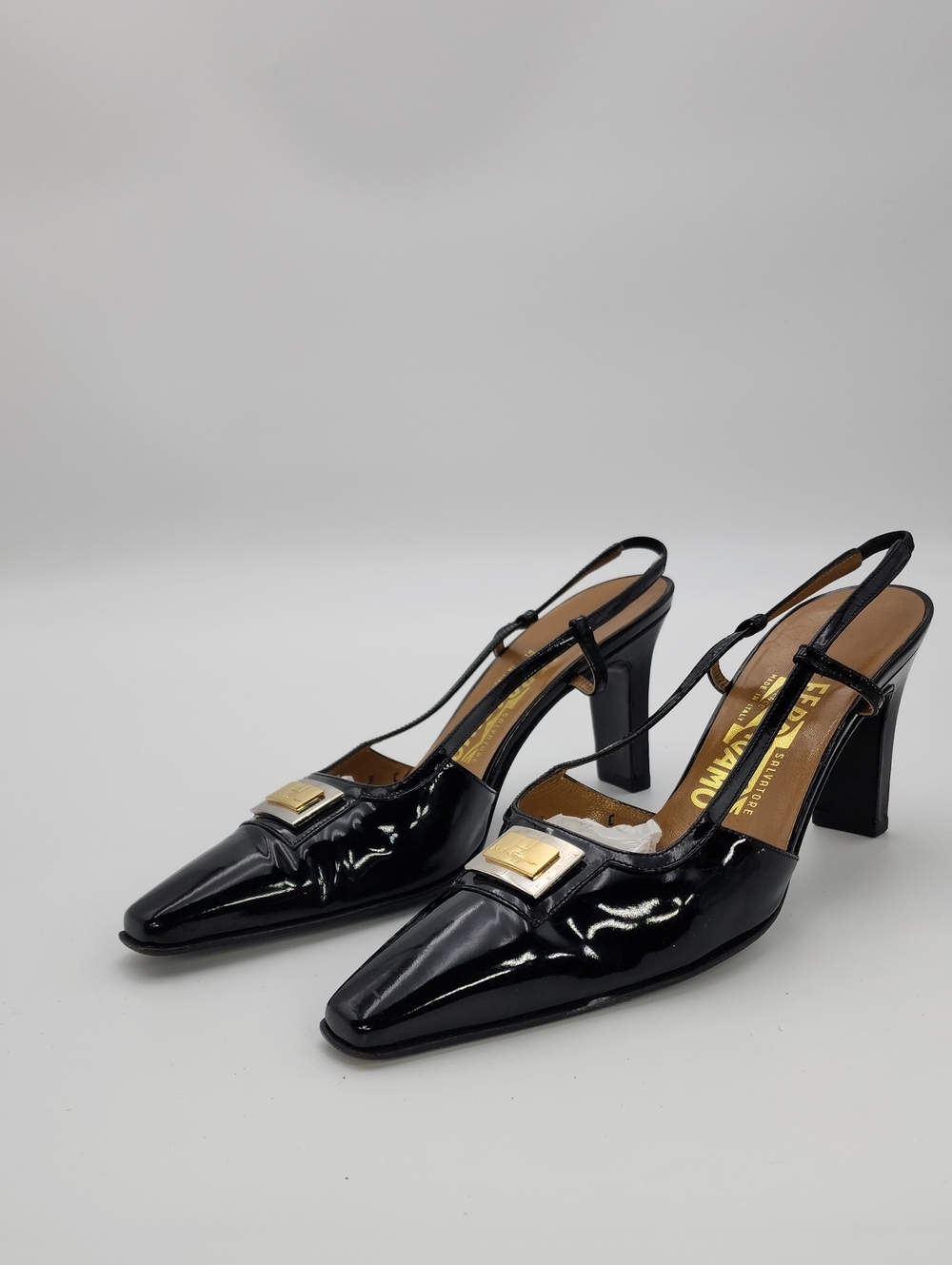 Vintage Salvatore Ferragamo Black Patent Leather Slingback Pumps Square Toe 9 C